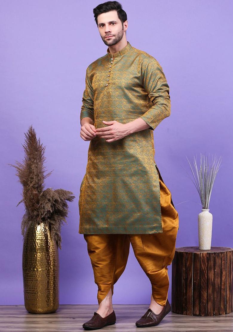 Green Woven Design Cotton Kurta Set For Men - Indya