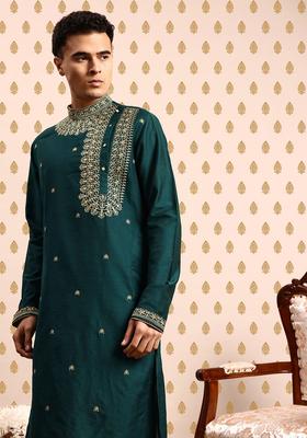 Green Embroidered Viscose Kurta Set For Men