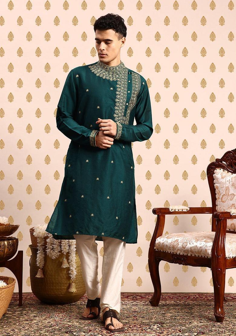 Green Embroidered Viscose Kurta Set For Men - Indya