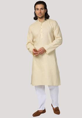 Beige Solid Cotton Kurta Set For Men