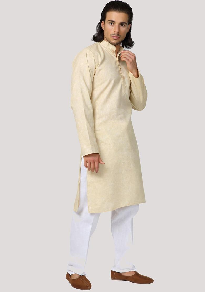 Beige Solid Cotton Kurta Set For Men - Indya
