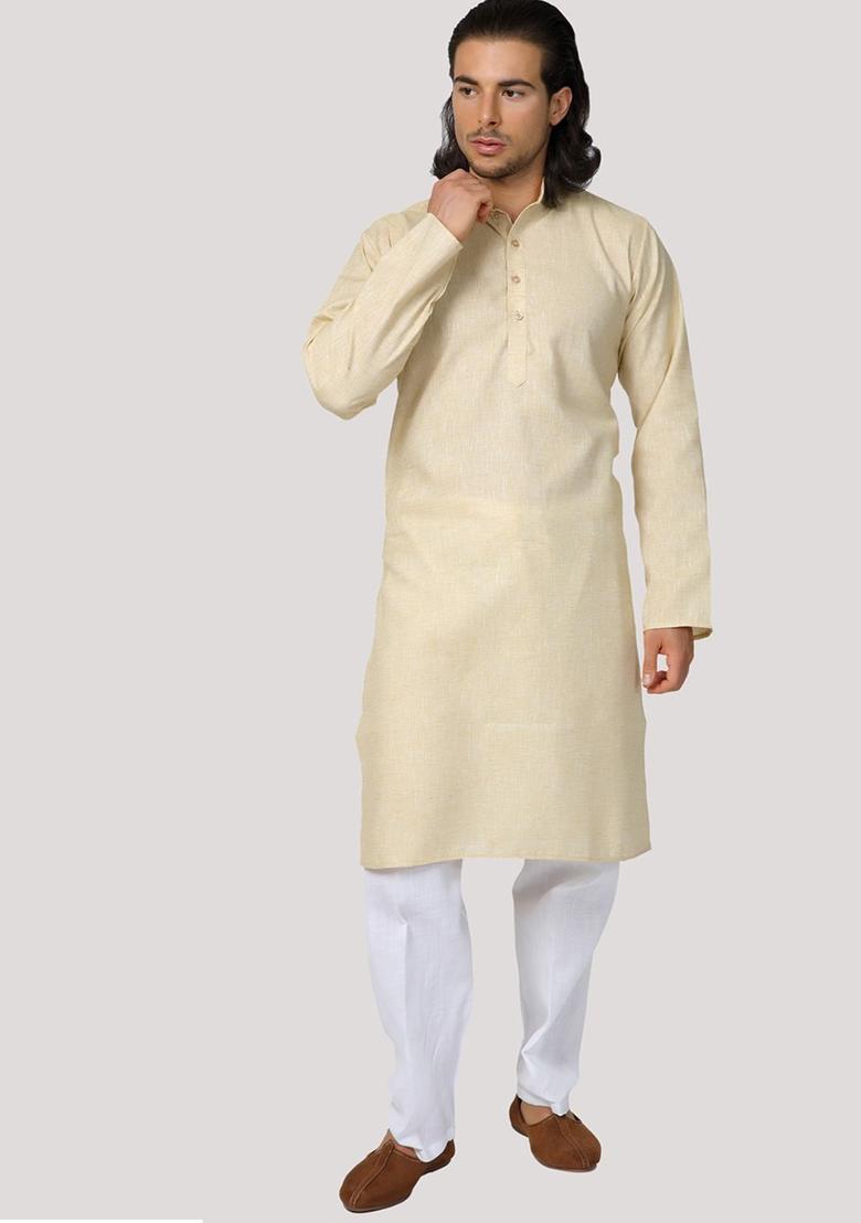 Beige Solid Cotton Kurta Set For Men - Indya