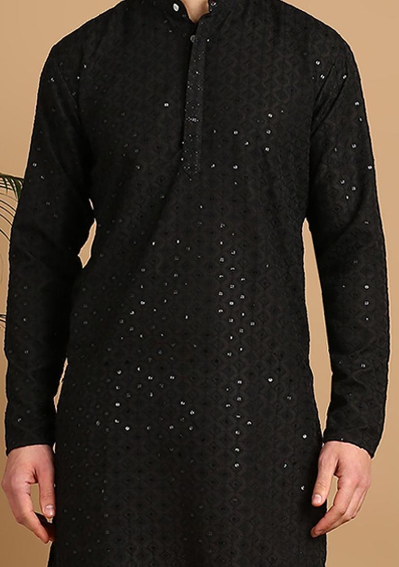 Black Embroidered Cotton Kurta Set For Men - Indya
