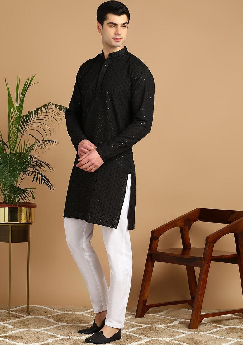 Black Embroidered Cotton Kurta Set For Men - Indya