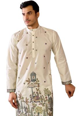 Off White Embroidered Cotton Kurta Set For Men