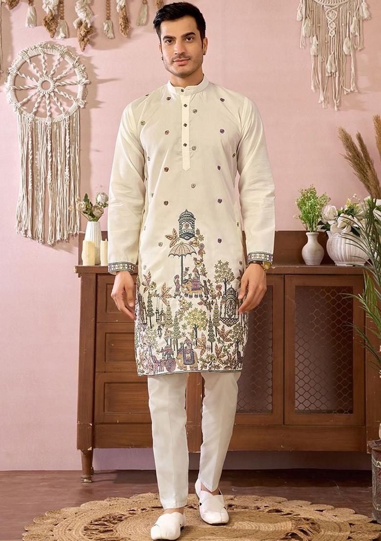 Off White Embroidered Cotton Kurta Set For Men - Indya