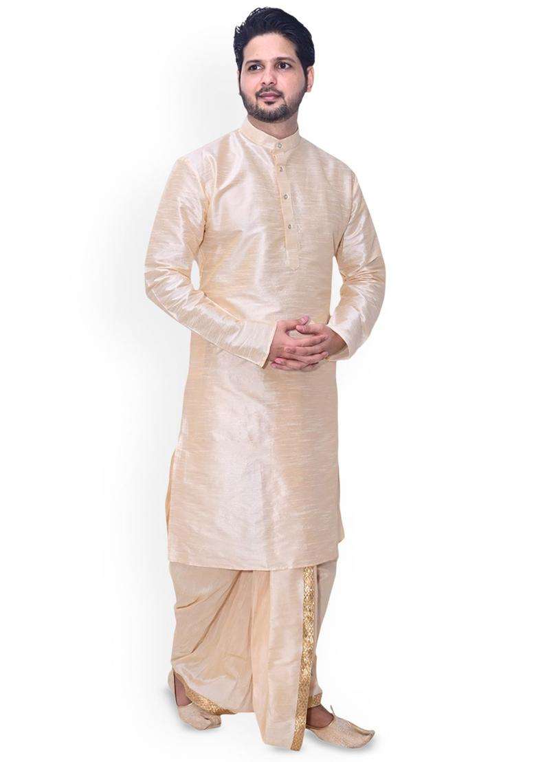 Gold Solid Silk Kurta Set For Men - Indya