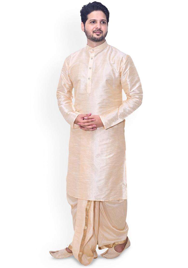 Gold Solid Silk Kurta Set For Men - Indya