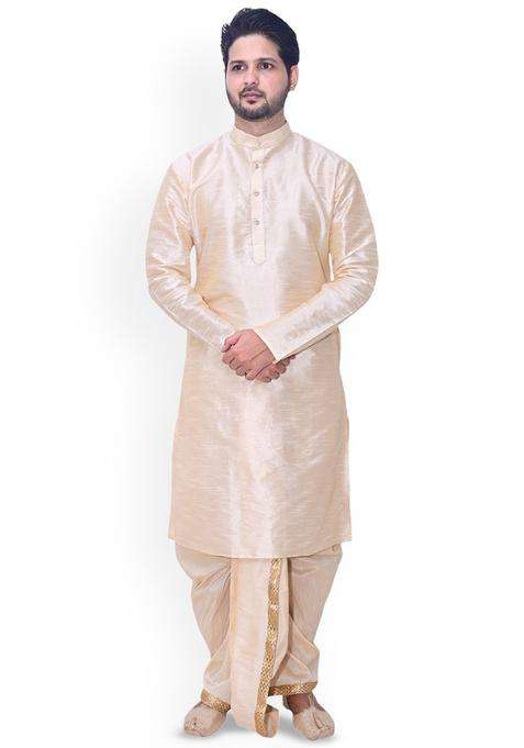 Gold Solid Silk Kurta Set For Men