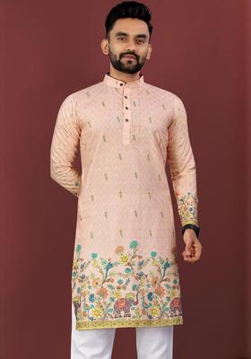 Peach Printed Viscose Kurta Set For Men