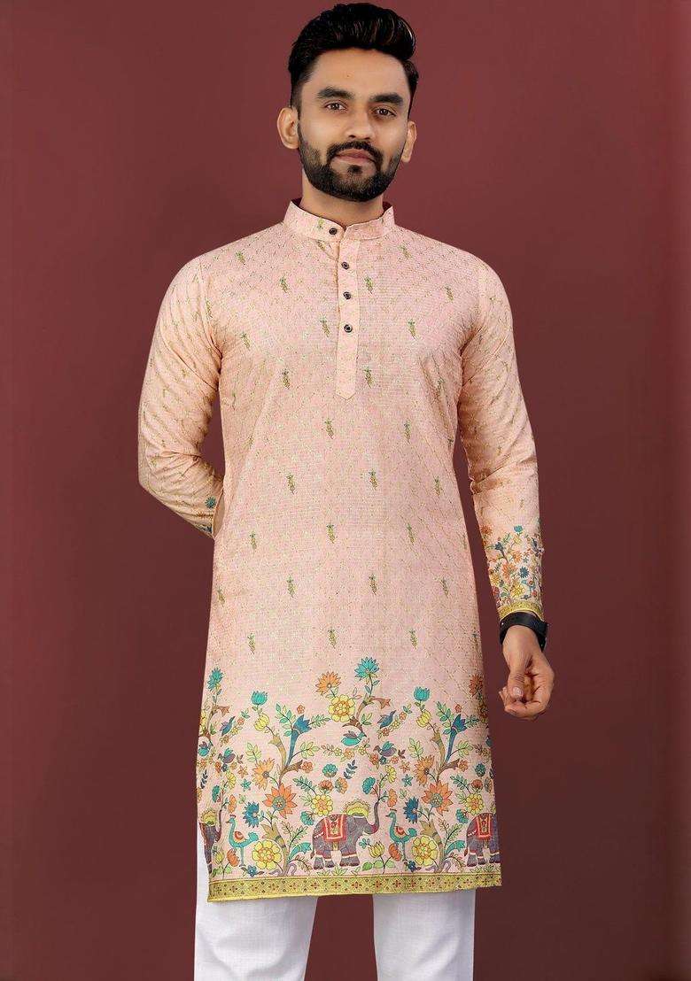 Peach Printed Viscose Kurta Set For Men - Indya