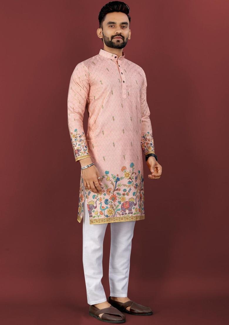 Peach Printed Viscose Kurta Set For Men - Indya