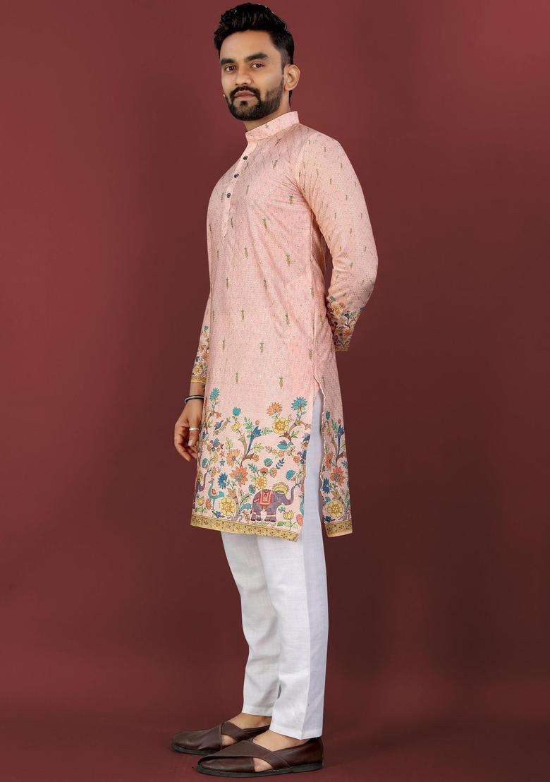 Peach Printed Viscose Kurta Set For Men - Indya