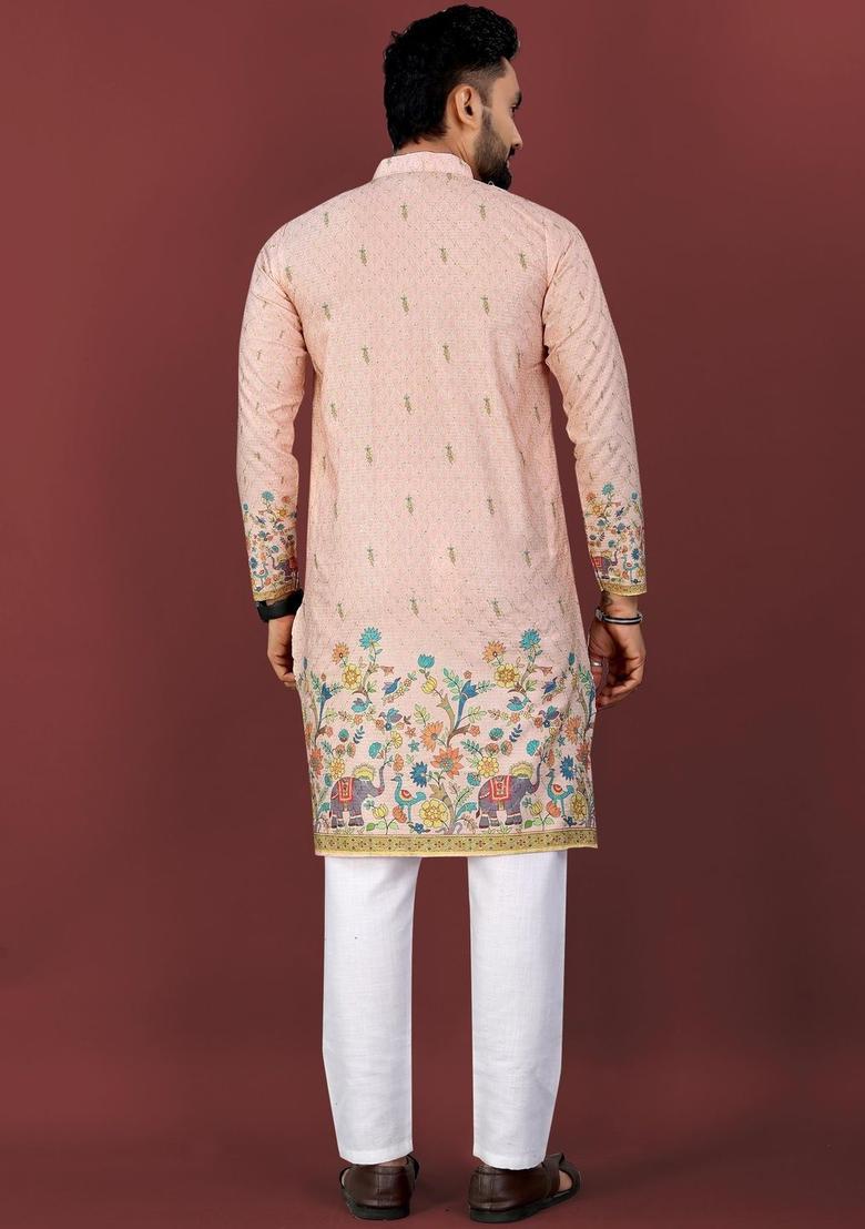 Peach Printed Viscose Kurta Set For Men - Indya