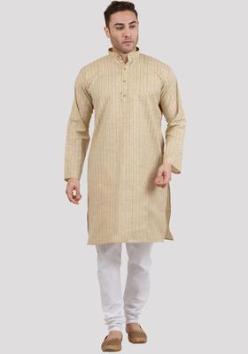 Khaki Striped Linen Kurta Set For Men