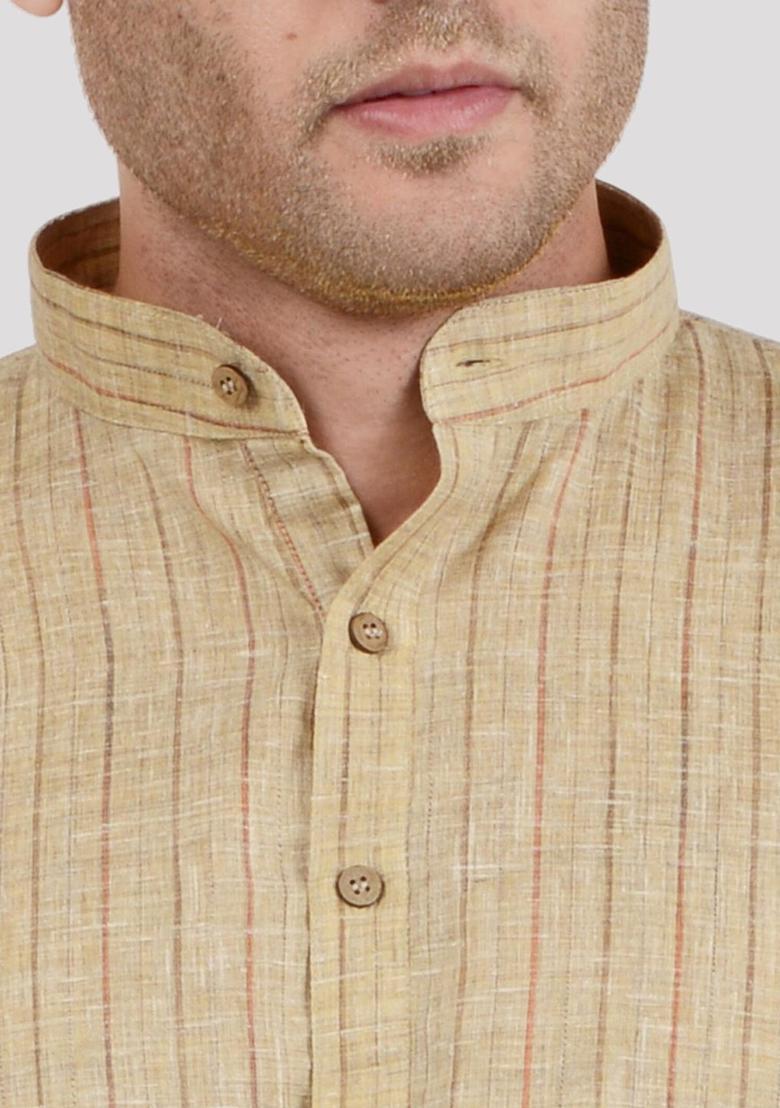 Khaki Striped Linen Kurta Set For Men - Indya