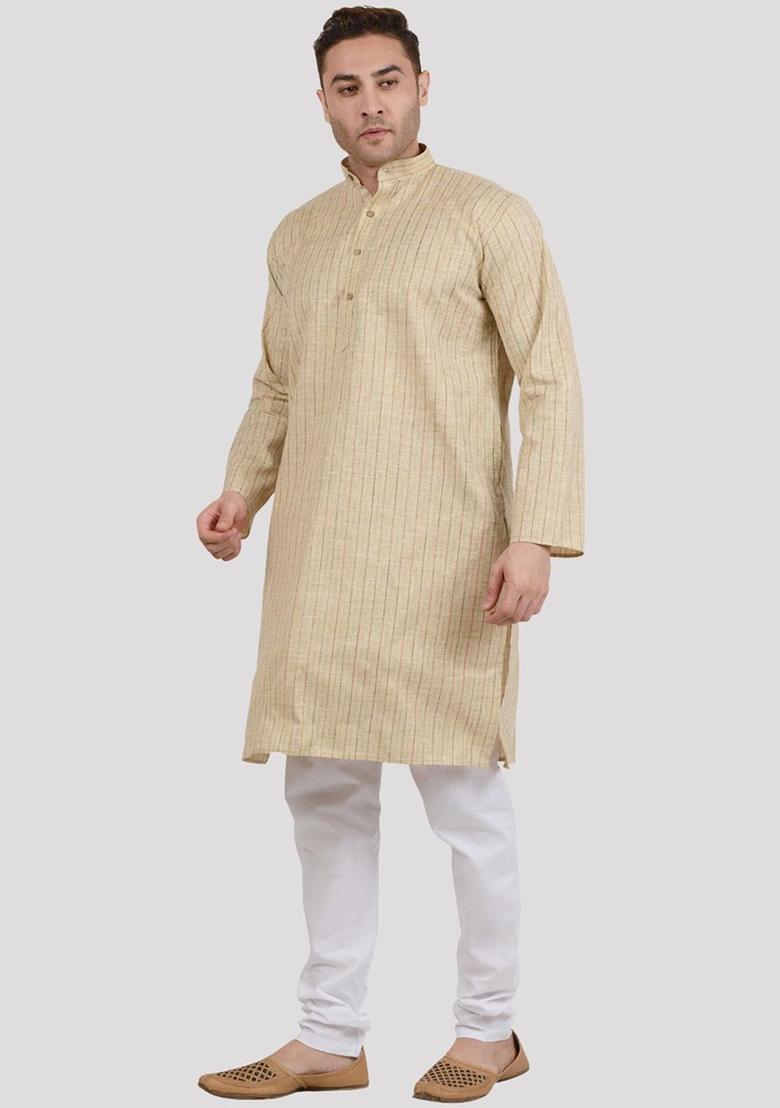 Khaki Striped Linen Kurta Set For Men - Indya