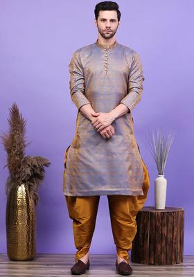 Blue Woven Design Cotton Kurta Set For Men