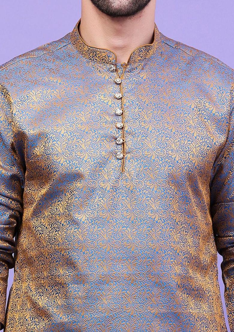 Blue Woven Design Cotton Kurta Set For Men - Indya