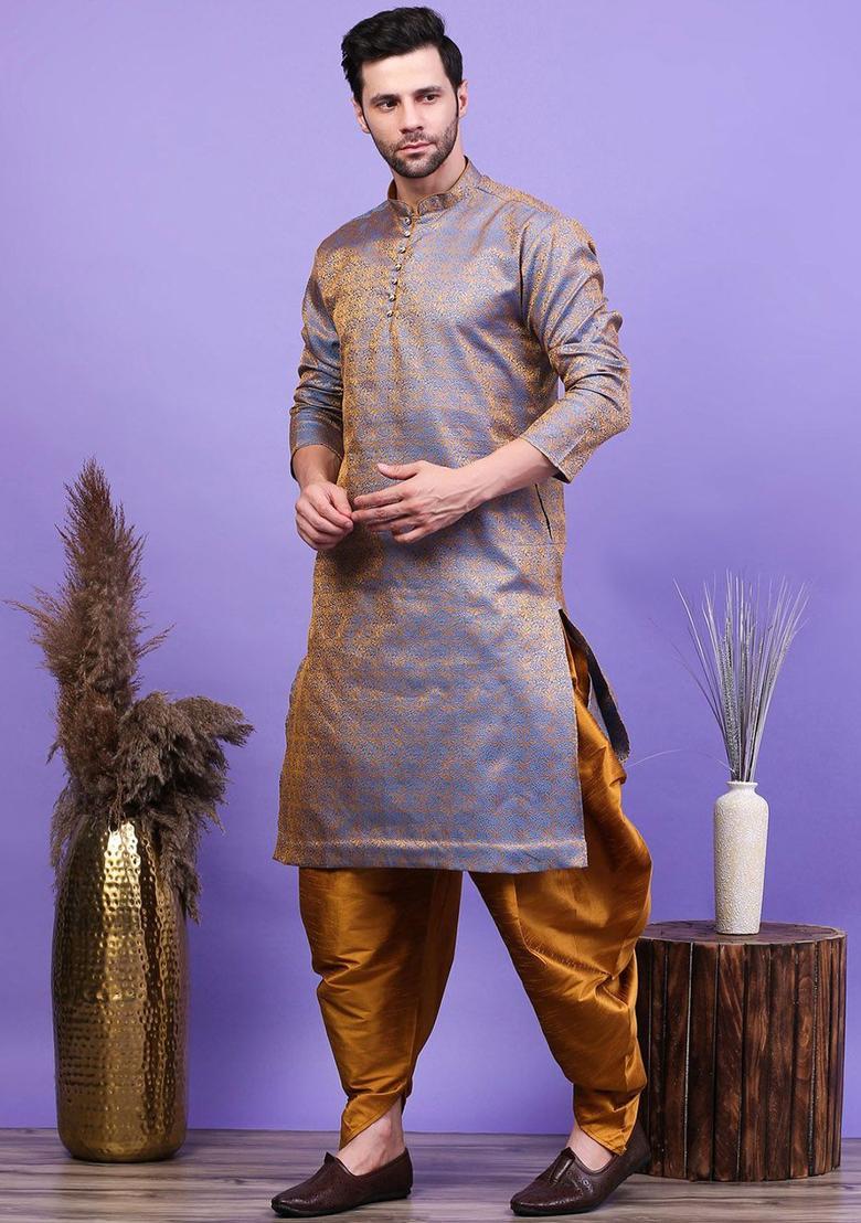 Blue Woven Design Cotton Kurta Set For Men - Indya