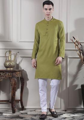 Olive Self Design Cotton Kurta Set For Men