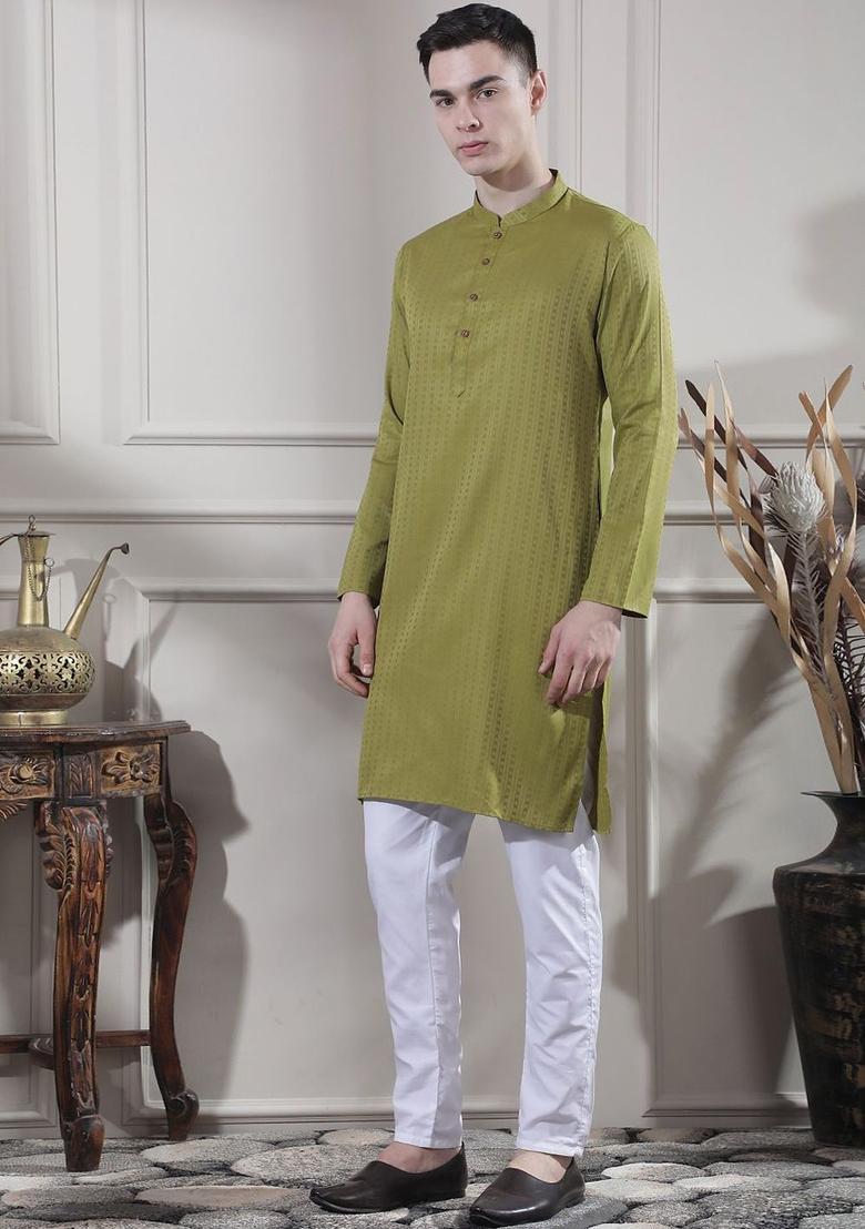 Olive Self Design Cotton Kurta Set For Men - Indya