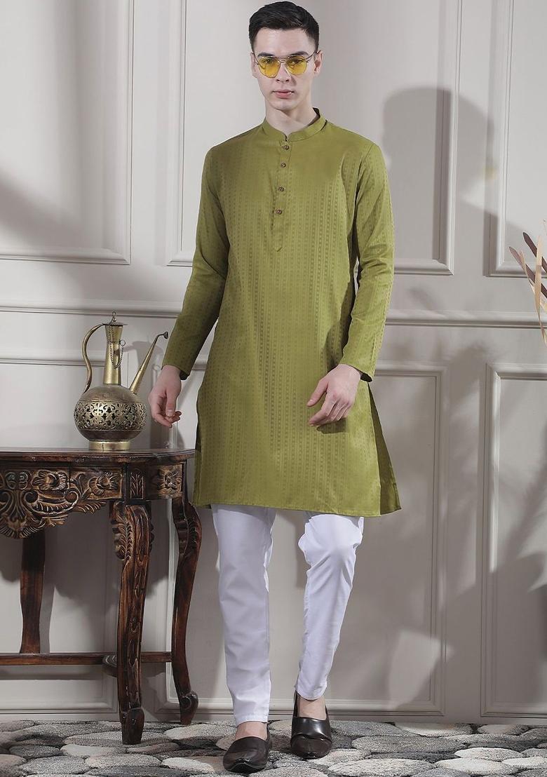 Olive Self Design Cotton Kurta Set For Men - Indya