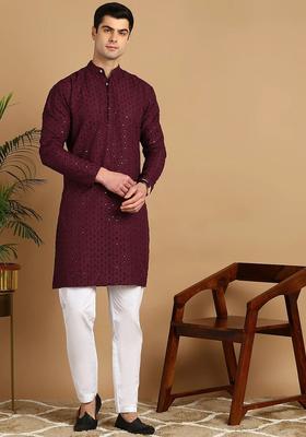 Purple Embroidered Cotton Kurta Set For Men