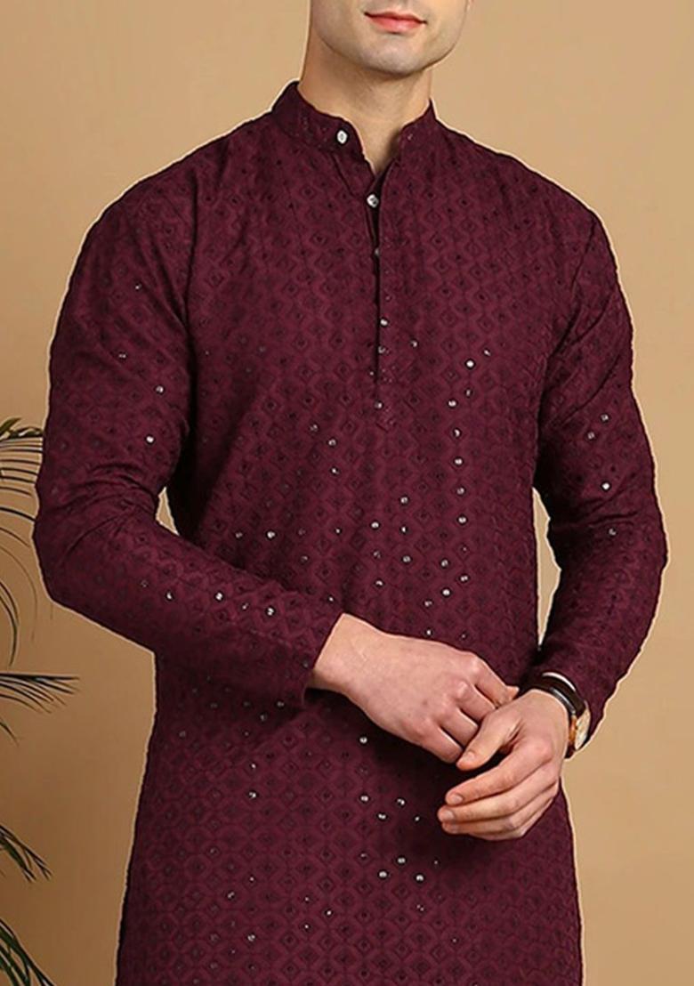 Purple Embroidered Cotton Kurta Set For Men - Indya