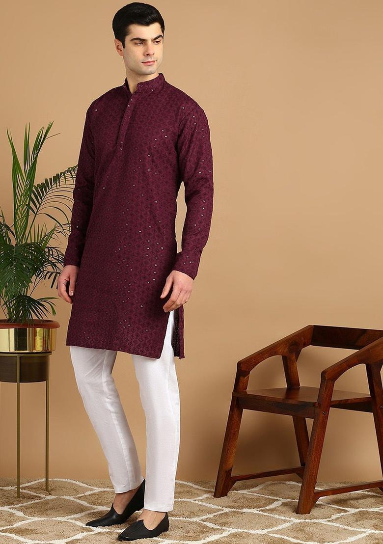 Purple Embroidered Cotton Kurta Set For Men - Indya