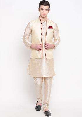 Cream Self Design Silk Kurta Set For Men