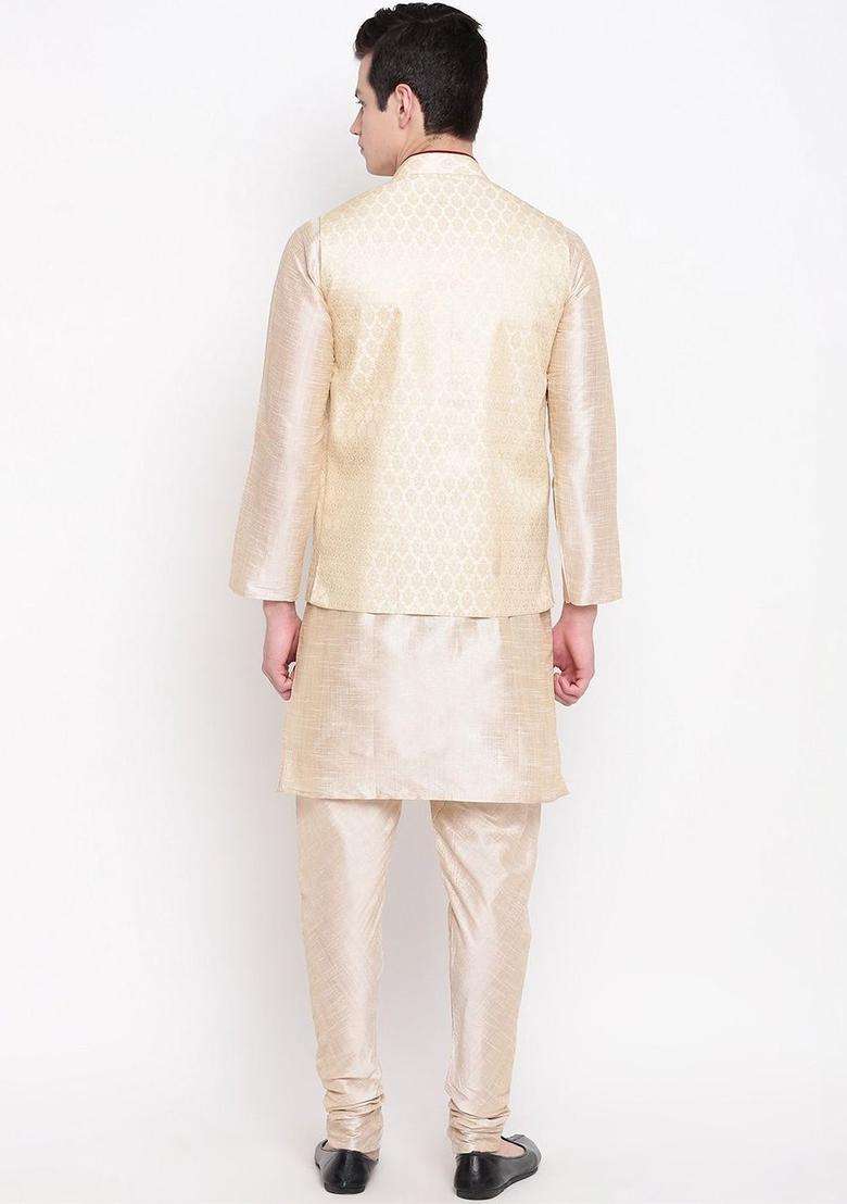 Cream Self Design Silk Kurta Set For Men - Indya