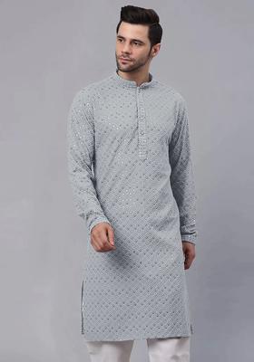 Grey Embroidered Viscose Kurta Set For Men