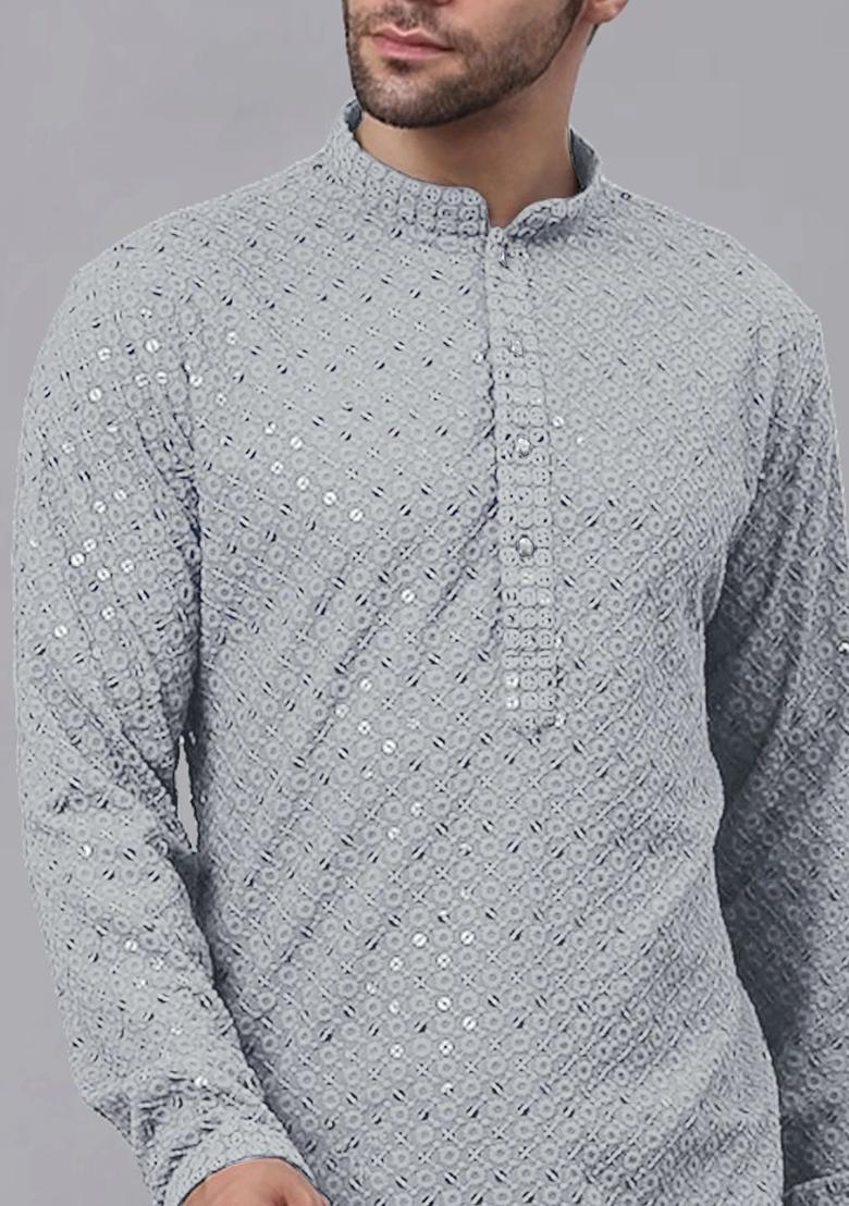 Grey Embroidered Viscose Kurta Set For Men - Indya