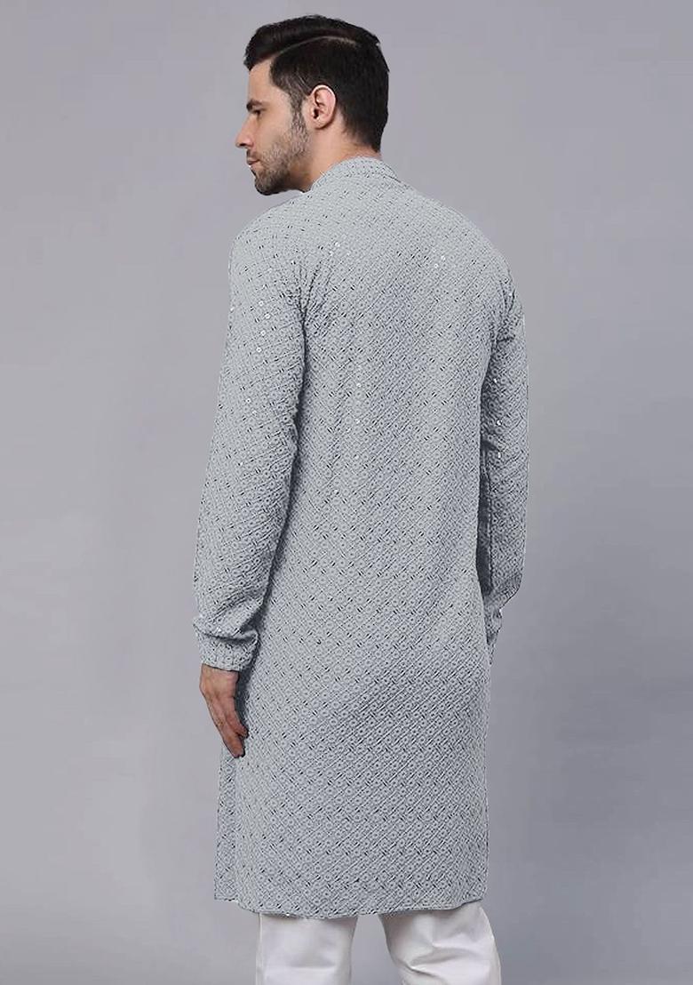 Grey Embroidered Viscose Kurta Set For Men - Indya