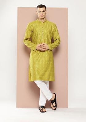 Lime Green Embroidered Viscose Kurta Set For Men