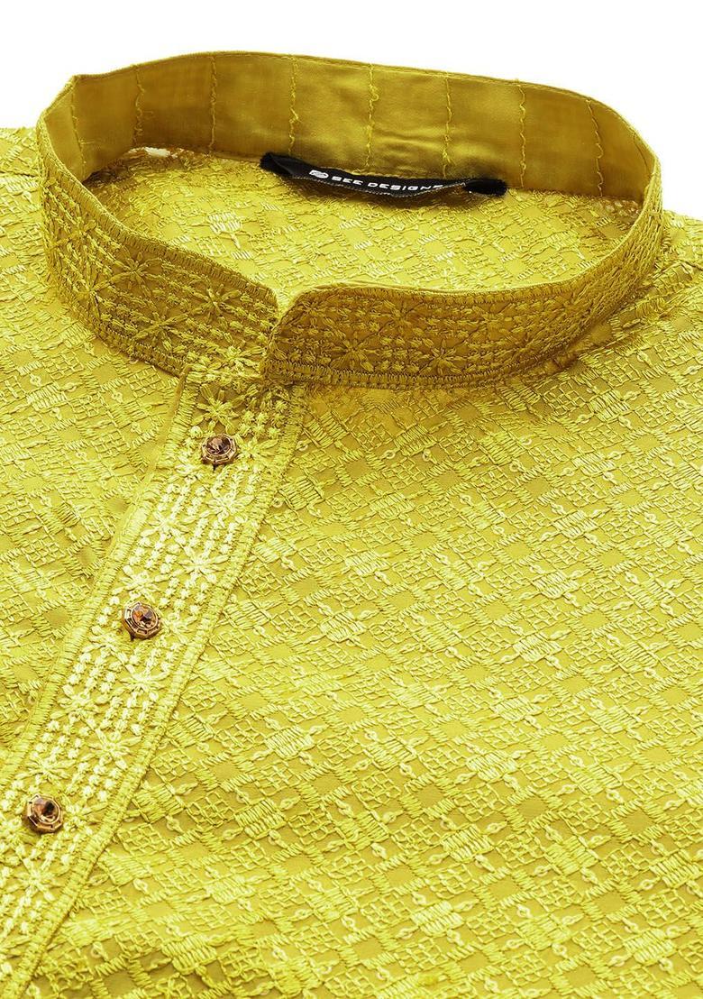 Lime Green Embroidered Viscose Kurta Set For Men - Indya