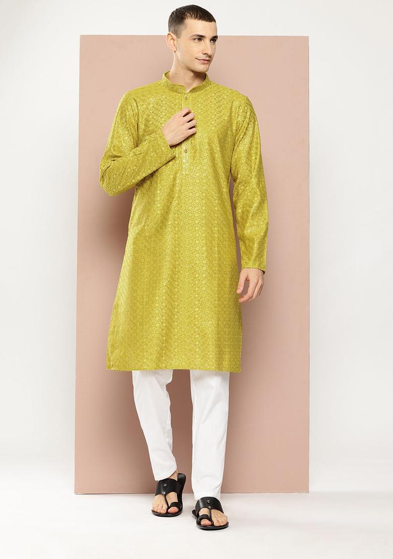 Lime Green Embroidered Viscose Kurta Set For Men - Indya
