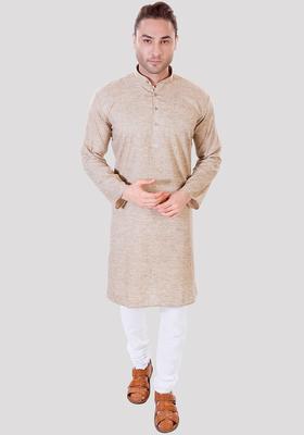 Beige Solid Linen Kurta Set For Men