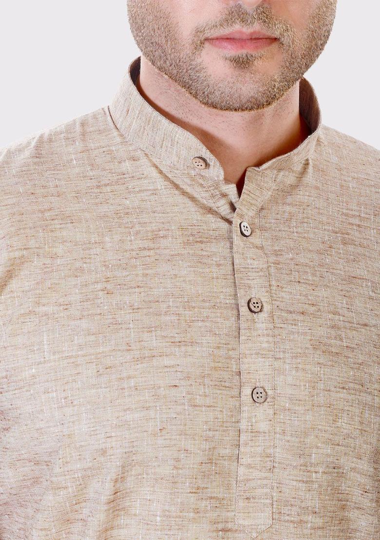 Beige Solid Linen Kurta Set For Men - Indya