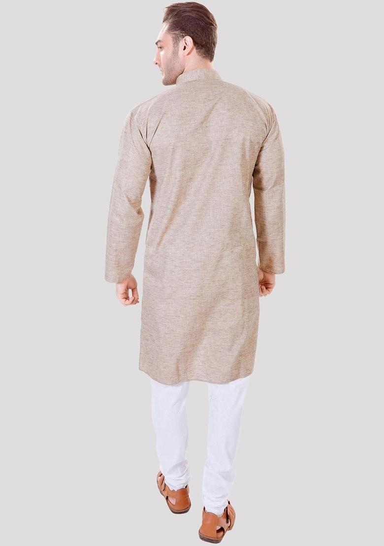 Beige Solid Linen Kurta Set For Men - Indya