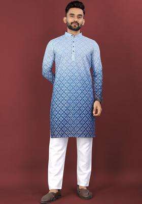 Blue Printed Viscose Kurta Set For Men