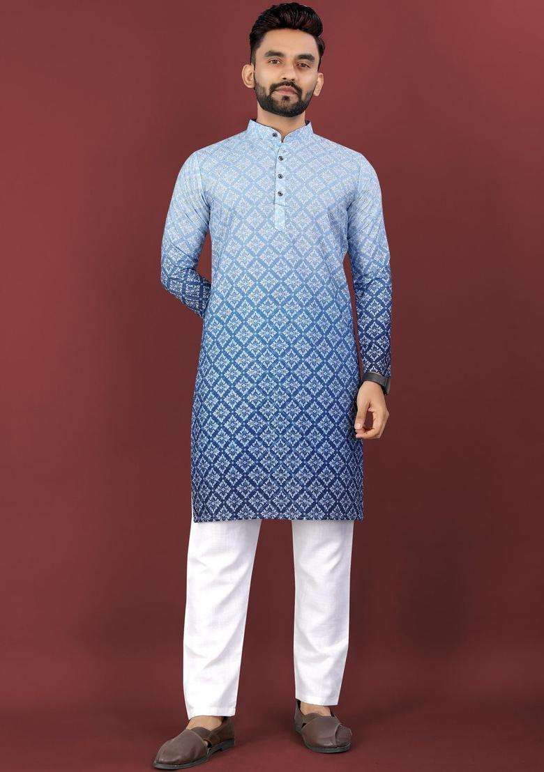 Blue Printed Viscose Kurta Set For Men - Indya