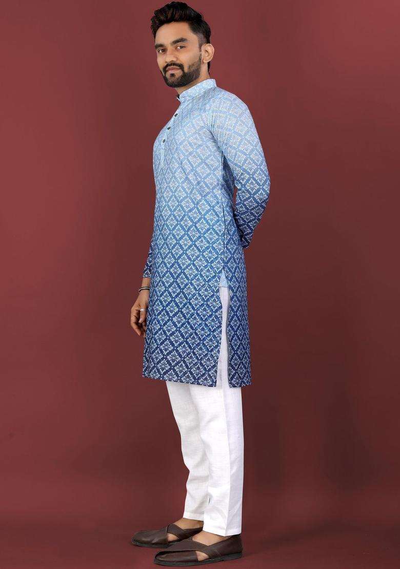 Blue Printed Viscose Kurta Set For Men - Indya