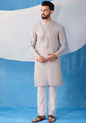 Grey Embroidered Silk Kurta Set For Men