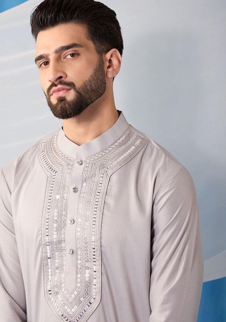 Grey Embroidered Silk Kurta Set For Men - Indya