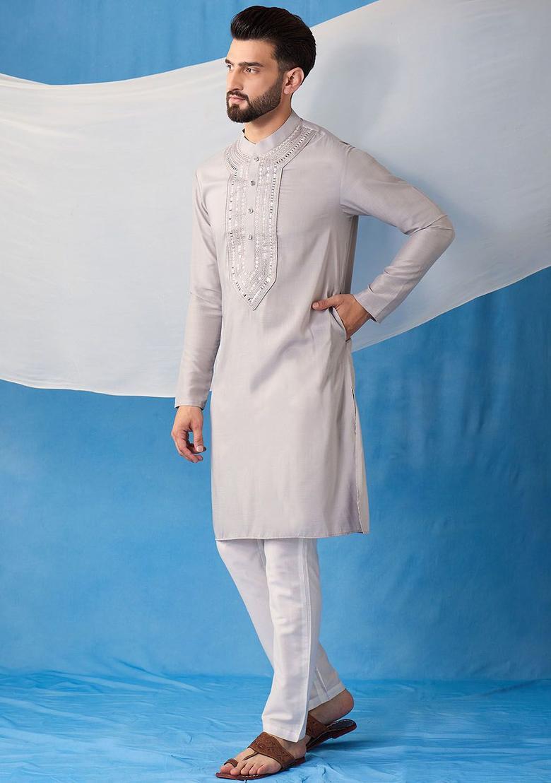 Grey Embroidered Silk Kurta Set For Men - Indya