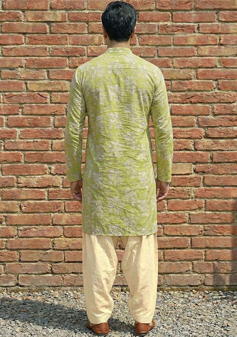 Lime Green Printed Cotton Kurta Set For Men - Indya
