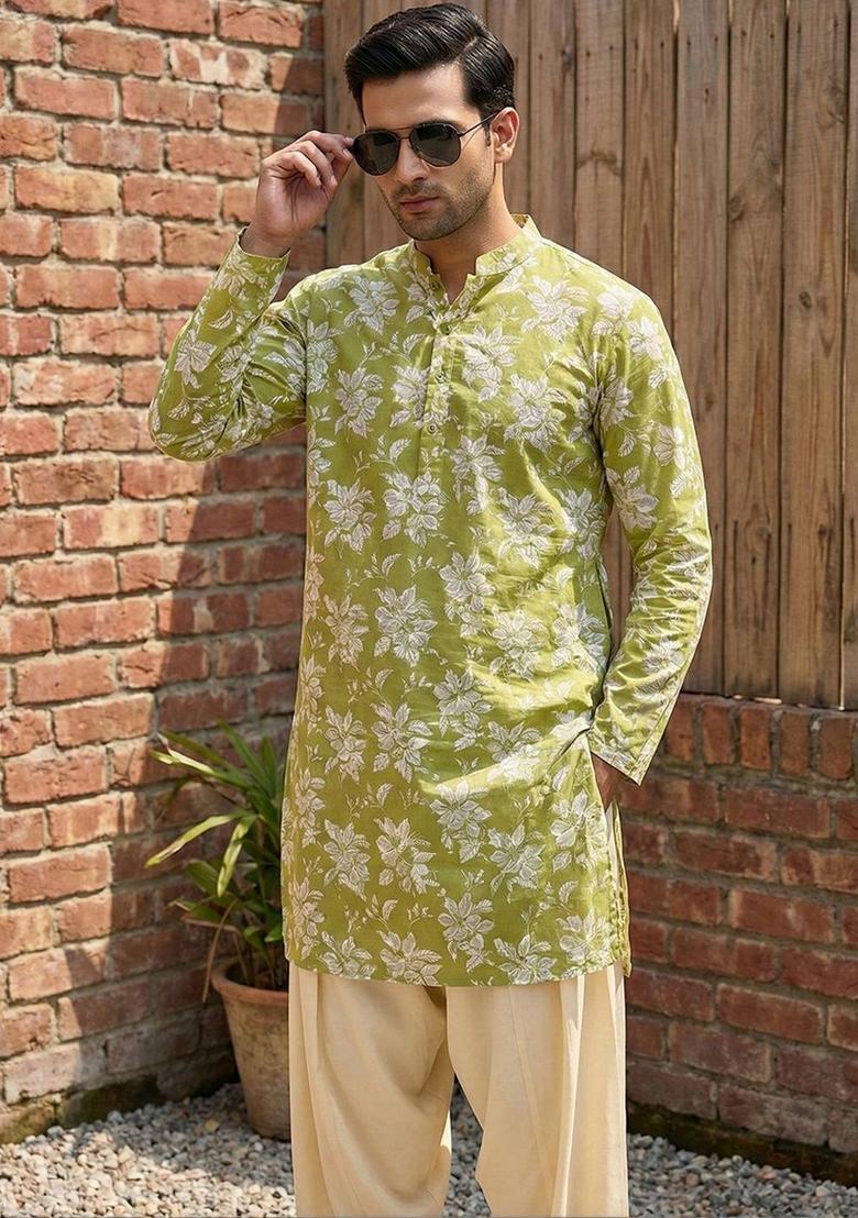 Lime Green Printed Cotton Kurta Set For Men - Indya
