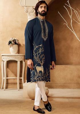 Navy Blue Embroidered Polyester Kurta Set For Men